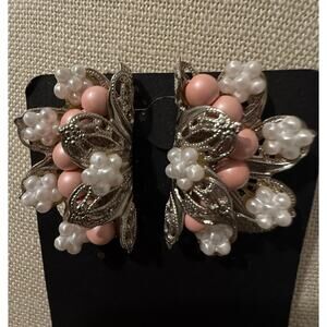 Vintage Pink Faux Pearl Beaded Silver Tone Clip On Earrings